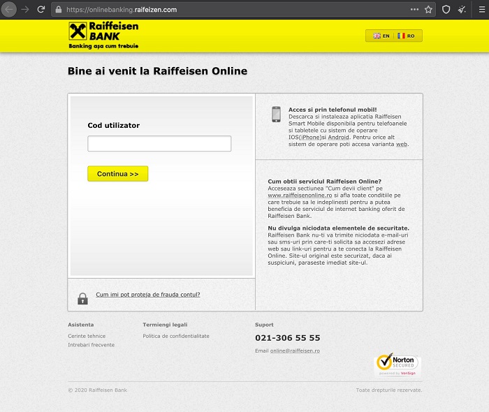 Impersonare serviciu online banking Raiffeisen Bank